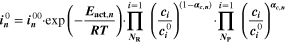 ${{\boldsymbol{i}}}_{{\boldsymbol{n}}}^{0}={{\boldsymbol{i}}}_{{\boldsymbol{n}}}^{00}\cdot \exp \left(-\displaystyle \frac{{{\boldsymbol{E}}}_{{\bf{a}}{\bf{c}}{\bf{t}},{\boldsymbol{n}}}}{{\boldsymbol{RT}}}\right)\cdot \displaystyle \prod _{{{\boldsymbol{N}}}_{{\bf{R}}}}^{{\boldsymbol{i}}=1}{\left(\displaystyle \frac{{{\boldsymbol{c}}}_{{\boldsymbol{i}}}}{{{\boldsymbol{c}}}_{{\boldsymbol{i}}}^{0}}\right)}^{\left(1-{{\boldsymbol{\alpha }}}_{{\boldsymbol{c}},{\boldsymbol{n}}}\right)}\cdot \displaystyle \prod _{{{\boldsymbol{N}}}_{{\bf{P}}}}^{{\boldsymbol{i}}=1}{\left(\displaystyle \frac{{{\boldsymbol{c}}}_{{\boldsymbol{i}}}}{{{\boldsymbol{c}}}_{{\boldsymbol{i}}}^{0}}\right)}^{{{\boldsymbol{\alpha }}}_{{\boldsymbol{c}},{\boldsymbol{n}}}}$