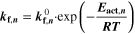 ${{\boldsymbol{k}}}_{{\bf{f}},{\boldsymbol{n}}}={{\boldsymbol{k}}}_{{\bf{f}},{\boldsymbol{n}}}^{0}\cdot \exp \left(-\displaystyle \frac{{{\boldsymbol{E}}}_{{\bf{a}}{\bf{c}}{\bf{t}},{\boldsymbol{n}}}}{{\boldsymbol{RT}}}\right)$