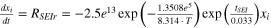 $\tfrac{d{x}_{i}}{dt}={R}_{SEIr}=-2.5{e}^{13}\exp \left(-\tfrac{1.3508{e}^{5}}{8.314\cdot T}\right)\exp \left(\tfrac{{t}_{SEI}}{0.033}\right){x}_{i}$