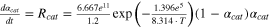 $\tfrac{d{\alpha }_{cat}}{dt}={R}_{cat}=\tfrac{6.667{e}^{11}}{1.2}\exp \left(-\tfrac{1.396{e}^{5}}{8.314\cdot T}\right)\left(1-{\alpha }_{cat}\right){\alpha }_{cat}$