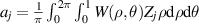 ${a_j} = \frac{{\text{1}}}{{{\pi }}}\int_{\text{0}}^{{\text{2}}\pi } {\int_{\text{0}}^{\text{1}} {W(\rho ,\theta ){Z_j}\rho {\text{d}}\rho {\text{d}}\theta } } $
