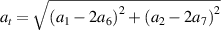 ${a_t} = \sqrt {{{({a_1} - 2{a_6})}^2} + {{({a_2} - 2{a_7})}^2}} $