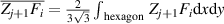 $\overline {{Z_{j + 1}}{F_i}} = \frac{2}{{3\sqrt 3 }}\int_{{\text{ hexagon }}} {{Z_{j + 1}}} {F_i}{\text{d}}x{\text{d}}y$