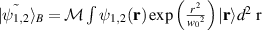 $ \vert{\tilde{\psi_{1,2}}}\rangle_B = \mathcal{M} \int \psi_{1,2}(\textbf{r}) \exp \left( \frac{r^{\,2}}{{w_0}^2} \right) \vert{\textbf{r}}\rangle d^2~\textrm{r}$