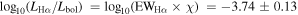 ${\mathrm{log}}_{10}({L}_{{\rm{H}}\alpha }/{L}_{\mathrm{bol}})\,={\mathrm{log}}_{10}({\mathrm{EW}}_{{\rm{H}}\alpha }\times \chi )\,=-3.74\pm 0.13$