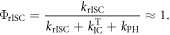 ${{\rm{\Phi }}}_{{\rm{r}}{\rm{I}}{\rm{S}}{\rm{C}}}=\displaystyle \frac{{k}_{{\rm{r}}{\rm{I}}{\rm{S}}{\rm{C}}}}{{k}_{{\rm{r}}{\rm{I}}{\rm{S}}{\rm{C}}}+{k}_{{\rm{I}}{\rm{C}}}^{{\rm{T}}}+{k}_{{\rm{P}}{\rm{H}}}}\approx 1.$