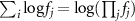 $\sum_i \log f_j = \log (\prod_j f_j)$