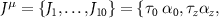 $J^{\,\mu} = \{J_1,\dots, J_{10}\} = \{\tau_0~\alpha_0, \tau_z\alpha_z,$
