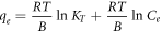 ${q}_{e}=\displaystyle \frac{RT}{B}\,\mathrm{ln}\,{K}_{T}+\displaystyle \frac{RT}{B}\,\mathrm{ln}\,{C}_{e}$