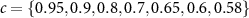 $c = \{0.95,0.9, 0.8,0.7,0.65, 0.6, 0.58\}$