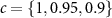 $c = \{1, 0.95, 0.9\}$