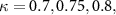 $\kappa = 0.7, 0.75, 0.8,$