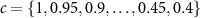 $c = \{1, 0.95, 0.9,\dots, 0.45, 0.4\}$