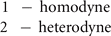 $\begin{matrix}\hfill 1\hspace{4.97922pt}-\;\text{homodyne}\hfill \\ \hfill 2\hspace{4.97922pt}-\;\text{heterodyne}\hfill \end{matrix}$