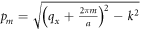 ${p}_{m}=\sqrt{{\left({q}_{x}+\tfrac{2\pi m}{a}\right)}^{2}-{k}^{2}}$
