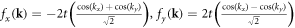 ${f}_{x}({\bf{k}})=-2t\left(\tfrac{\cos ({k}_{x})+\cos ({k}_{y})}{\sqrt{2}}\right),{f}_{y}({\bf{k}})=2t\left(\tfrac{\cos ({k}_{x})-\cos ({k}_{y})}{\sqrt{2}}\right)$