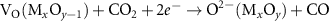 ${{\text{V}}_{\text{O}}}({{\text{M}}_x}{{\text{O}}_{y - 1}}) + {\text{C}}{{\text{O}}_2} + 2{e^ - } \to {{\text{O}}^{2 - }}({{\text{M}}_x}{{\text{O}}_y}) + {\text{CO}}$