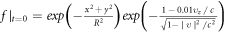 $f{{\rm{| }}}_{t=0}={\exp }\left(-\frac{{x}^{2}+{y}^{2}}{{R}^{2}}\right){\exp }\left(-\frac{1-0.01{\upsilon }_{z}/c}{\sqrt{1-{\rm{| }}\upsilon {{\rm{| }}}^{2}/{c}^{2}}}\right)$