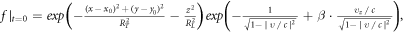 $f{{\rm{| }}}_{t=0}={\exp }\left(-\frac{{\left(x-{x}_{0}\right)}^{2}+{\left(y-{y}_{0}\right)}^{2}}{{R}_{T}^{2}}-\frac{{z}^{2}}{{R}_{L}^{2}}\right){\exp }\left(-\frac{1}{\sqrt{1-{\rm{| }}\upsilon /c{{\rm{| }}}^{2}}}+\beta \cdot \frac{{\upsilon }_{z}/c}{\sqrt{1-{\rm{| }}\upsilon /c{{\rm{| }}}^{2}}}\right),$