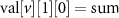 $\text{val}[v][1][0] = \text{sum}$