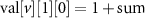 $\text{val}[v][1][0] = 1+ \text{sum} $