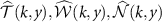 $\widehat{{\mathcal{T}}}(k, y), \widehat{{\mathcal{W}}}(k, y), \widehat{{\mathcal{N}}}(k, y)$
