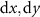 $\textrm{d}x, \textrm{d}y$