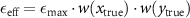 $\epsilon_{\text{eff}} = \epsilon_{\text{max}} \cdot w\!\left(x_{\text{true}}\right) \cdot w\!\left(y_{\text{true}}\right)$