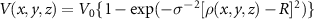$V(x,y,z) = V_0 \{1-\exp( -\sigma^{-2}[\rho(x,y,z)-R]^2 ) \}$