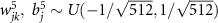 $w^5_{jk},\ b^5_j \sim U(-1/\sqrt{512}, 1/\sqrt{512})$