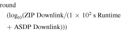 $\mathrm{round}({\mathrm{log}}_{10}(\mathrm{ZIP}\ \mathrm{Downlink}/(1\times {10}^{2}\,{\rm{s}}\,\mathrm{Runtime}+\mathrm{ASDP}\ \mathrm{Downlink})))$
