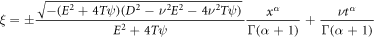 $\xi =\pm \displaystyle \frac{\sqrt{-\left({E}^{2}+4T\psi \right)\left({D}^{2}-{\nu }^{2}{E}^{2}-4{\nu }^{2}T\psi \right)}}{{E}^{2}+4T\psi }\displaystyle \frac{{x}^{\alpha }}{{\rm{\Gamma }}\left(\alpha +1\right)}+\displaystyle \frac{\nu {t}^{\alpha }}{{\rm{\Gamma }}\left(\alpha +1\right)}$