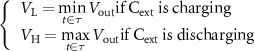 $ \left\{ \begin{array}{l} V_{\mathrm{L}} = \min\limits_{t \in \tau}{V_{\mathrm{out}}} \text{if} \ \text{C}_{\mathrm{ext}}\ \text{is charging}\\ V_{\mathrm{H}} = \max\limits_{t \in \tau}{V_{\mathrm{out}}} \text{if} \ \text{C}_{\mathrm{ext}}\ \text{is discharging}\\ \end{array} \right. $