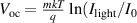 ${V_{{\text{oc}}}} = \frac{{mkT}}{q}{\text{ ln}}({I_{{\text{light}}}}/{I_0}$