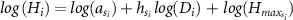 ${{log}}\,({{{{H}}}_{{{i}}}}) = {{log}}({{{{a}}}_{{{{{s}}}_{{{i}}}}}}) + {{{{h}}}_{{{{{s}}}_{{{i}}}}}}\,{{log}}({{{{D}}}_{{{i}}}})\, + \,{{log}}({{{{H}}}_{{{ma}}{{{x}}_{{{{{s}}}_{{{i}}}}}}}})$