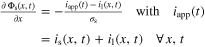 $\tfrac{\partial \,{{\rm{\Phi }}}_{{\rm{s}}}(x,t)}{\partial x}=-\tfrac{{i}_{\mathrm{app}}(t)-{i}_{{\rm{l}}}(x,t)}{{\sigma }_{{\rm{s}}}}\quad \mathrm{with}\quad {i}_{\mathrm{app}}(t)={i}_{{\rm{s}}}(x,t)+{i}_{{\rm{l}}}(x,t)\quad \forall x,t$