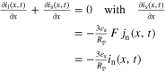 $\tfrac{\partial {i}_{{\rm{l}}}(x,t)}{\partial x}+\tfrac{\partial {i}_{{\rm{s}}}(x,t)}{\partial x}=0\quad \mathrm{with}\quad \tfrac{\partial {i}_{{\rm{s}}}(x,t)}{\partial x}=-\tfrac{3{\varepsilon }_{{\rm{s}}}}{{R}_{{\rm{p}}}}\,F\,{j}_{{\rm{n}}}(x,t)=-\tfrac{3{\varepsilon }_{{\rm{s}}}}{{R}_{{\rm{p}}}}{i}_{{\rm{n}}}(x,t)$