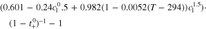 $\left(0.601-0.24{c}_{{\rm{l}}}^{0}.5+0.982\left(1-0.0052(T-294)\right){c}_{{\rm{l}}}^{1.5}\right)\cdot {\left(1-{t}_{+}^{0}\right)}^{-1}-1$