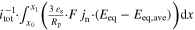 ${i}_{\mathrm{tot}}^{-1}\cdot {\int }_{{x}_{0}}^{{x}_{1}}\left(\tfrac{3\,{\varepsilon }_{{\rm{s}}}}{{R}_{{\rm{p}}}}\cdot F\,{j}_{{\rm{n}}}\cdot \left({E}_{\mathrm{eq}}-{E}_{\mathrm{eq},\mathrm{ave}}\right)\right){\rm{d}}x$