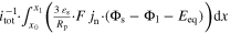 ${i}_{\mathrm{tot}}^{-1}\cdot {\int }_{{x}_{0}}^{{x}_{1}}\left(\tfrac{3\,{\varepsilon }_{{\rm{s}}}}{{R}_{{\rm{p}}}}\cdot F\,{j}_{{\rm{n}}}\cdot \left({{\rm{\Phi }}}_{{\rm{s}}}-{{\rm{\Phi }}}_{{\rm{l}}}-{E}_{\mathrm{eq}}\right)\right){\rm{d}}x$