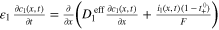 ${\varepsilon }_{{\rm{l}}}\,\tfrac{\partial {c}_{{\rm{l}}}(x,t)}{\partial t}=\tfrac{\partial }{\partial x}\left({D}_{{\rm{l}}}^{\mathrm{eff}}\tfrac{\partial {c}_{{\rm{l}}}(x,t)}{\partial x}+\tfrac{{i}_{{\rm{l}}}(x,t)(1-{t}_{+}^{0})}{F}\right)$